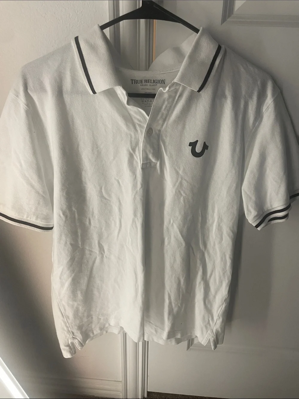 True Religion White Polo with Black Logo Piping